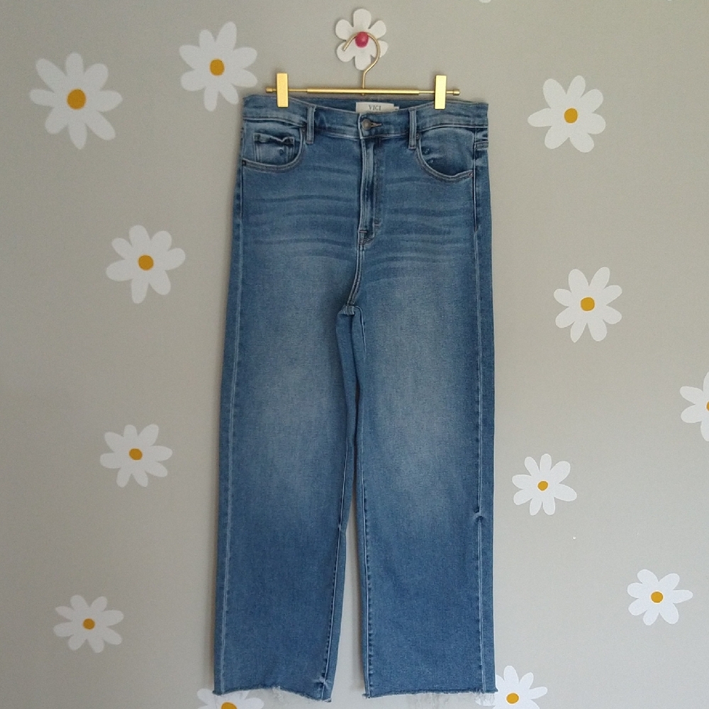 Vici Wide Leg Full Length Raw Hem Jeans With Stretch